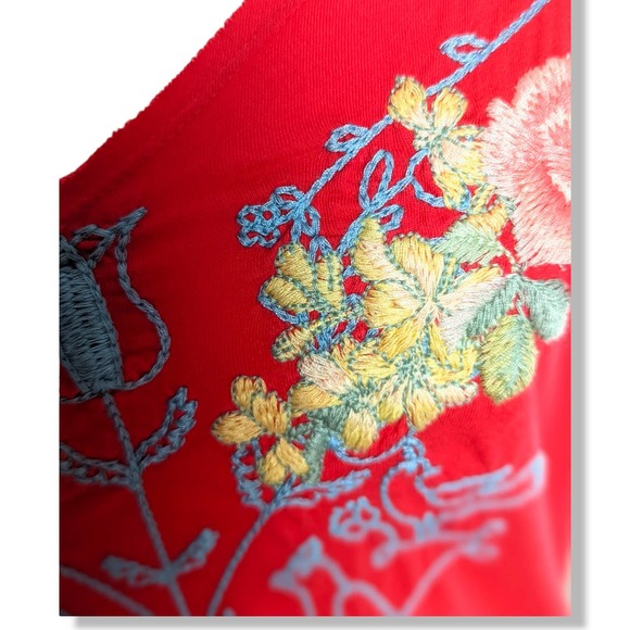 Johnny Was Love Bird Floral Embroidered Flutter Short Sleeve Top Tee Red Sz Med - Picture 7 of 8